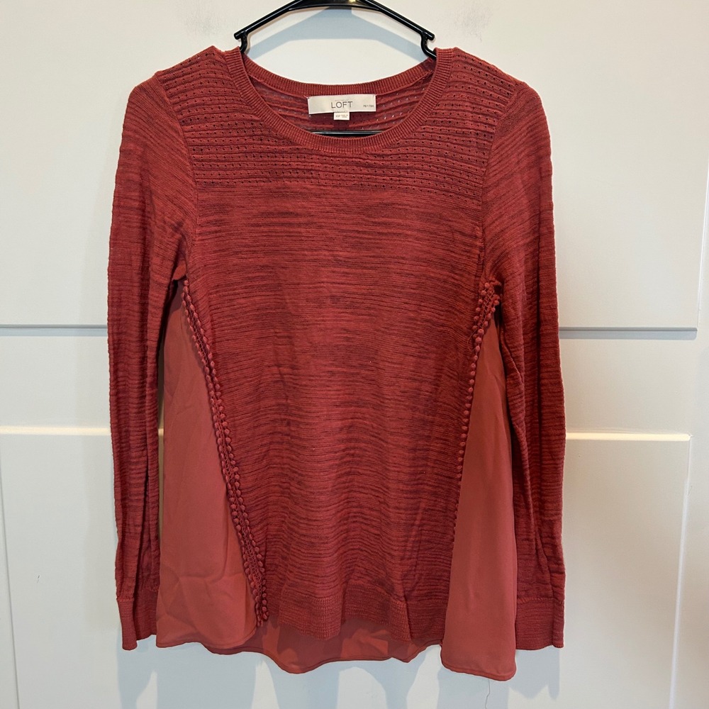 LOFT Petite Textured‎ Knit Peasant Blouse Top Burnished Red XS CottageCore Boho